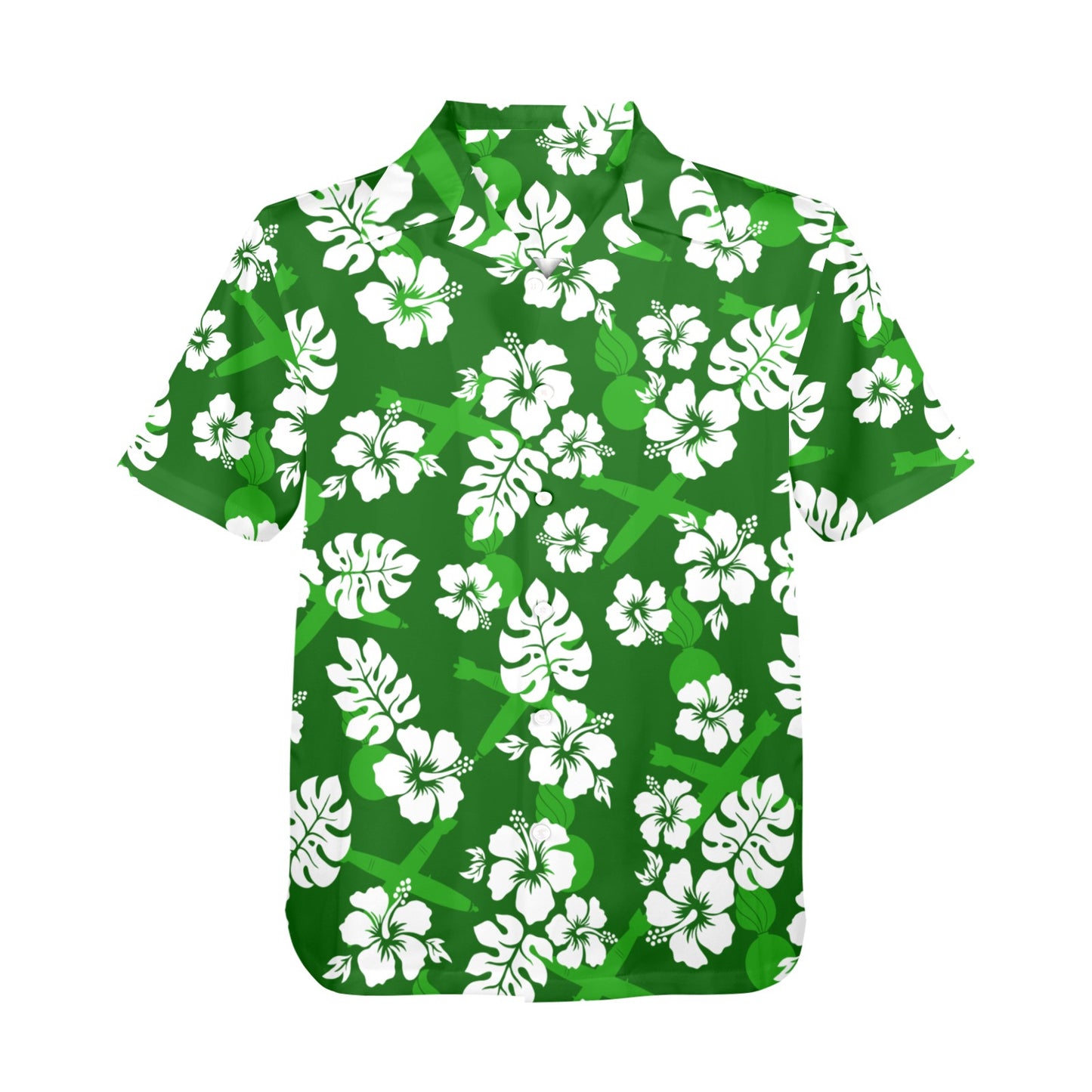 USAF AMMO Green with White Hibiscus Flowers Pisspots and Crossed Bombs Mens Hawaiian Shirt