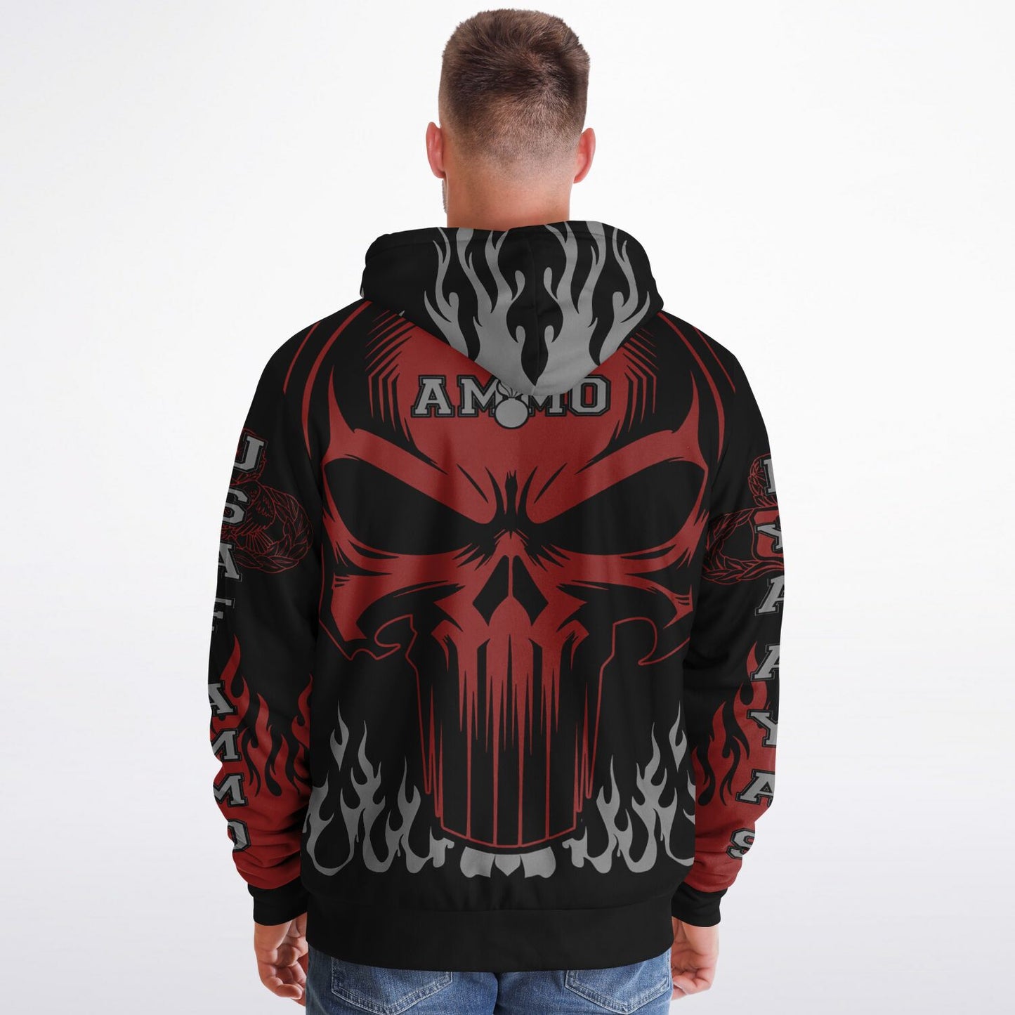 AMMO Skull Flames Black Red Grey Microfleece Cold Weather Zip-Up Hoodie - All Over Print