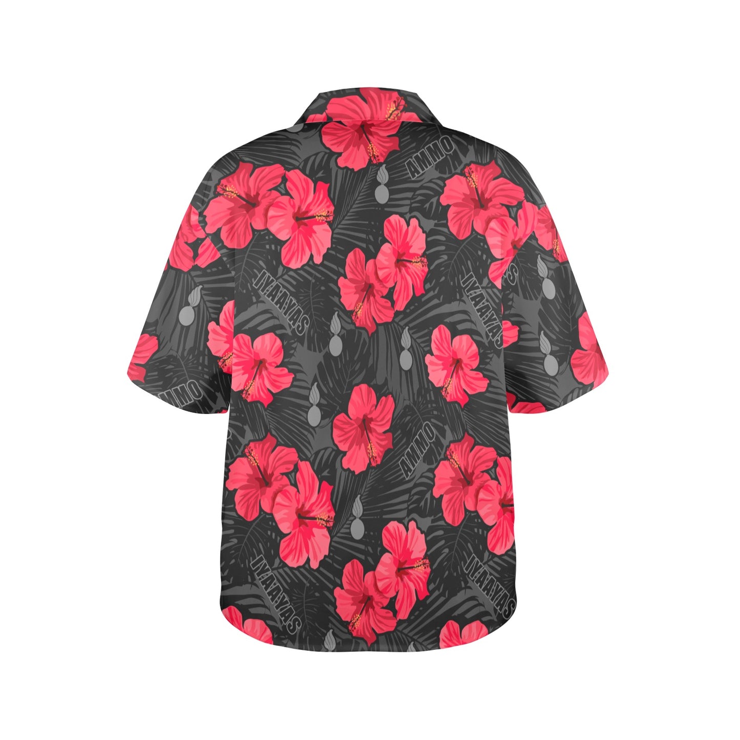 Pink Red Black Grey Flowers Leaves AMMO and IYAAYAS Womens Hawaiian Shirt