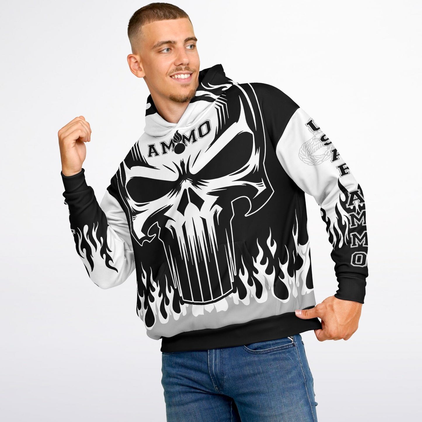 AMMO Skull Flames Black White Grey Heavyweight Oversized Cold Weather Hoodie - All Over Print