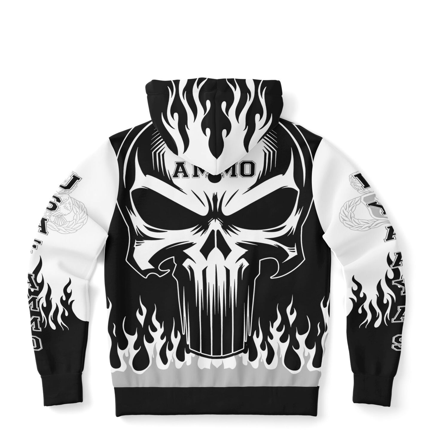 AMMO Skull Flames Black White Grey Fashion Zip-Up Hoodie - All Over Print