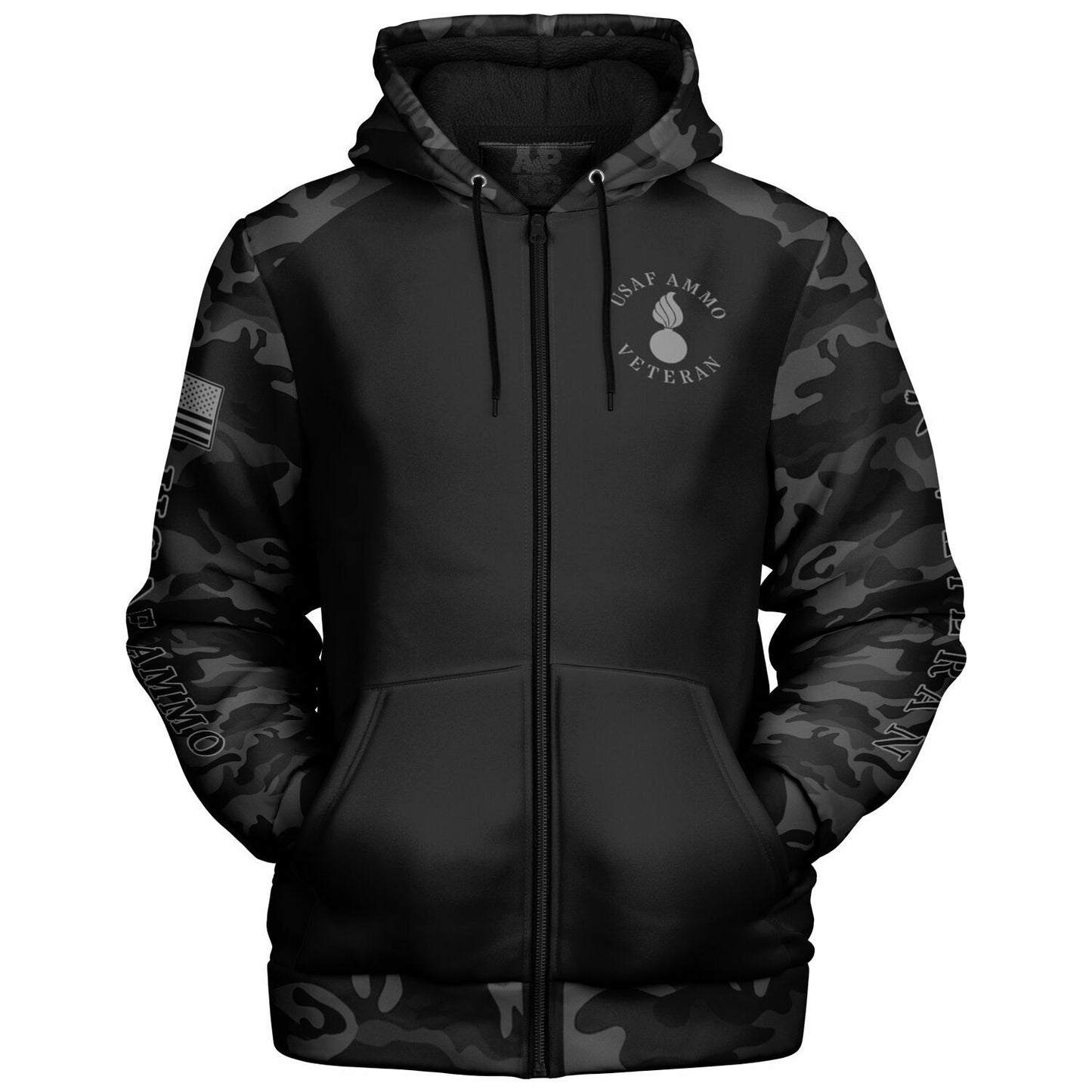 Black and Grey USAF AMMO Veteran DD-214 Microfleece Cold Weather Zip-Up Hoodie - All Over Print