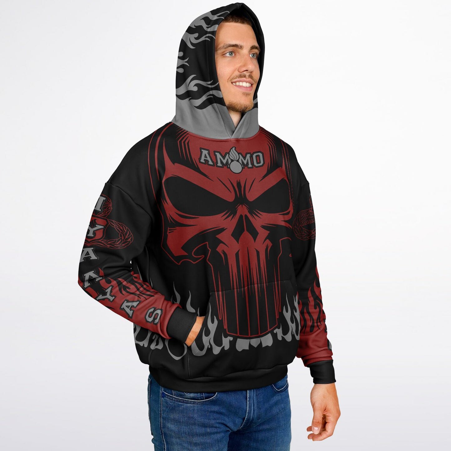 AMMO Skull Flames Black Red Grey Heavyweight Oversized Cold Weather Hoodie - All Over Print