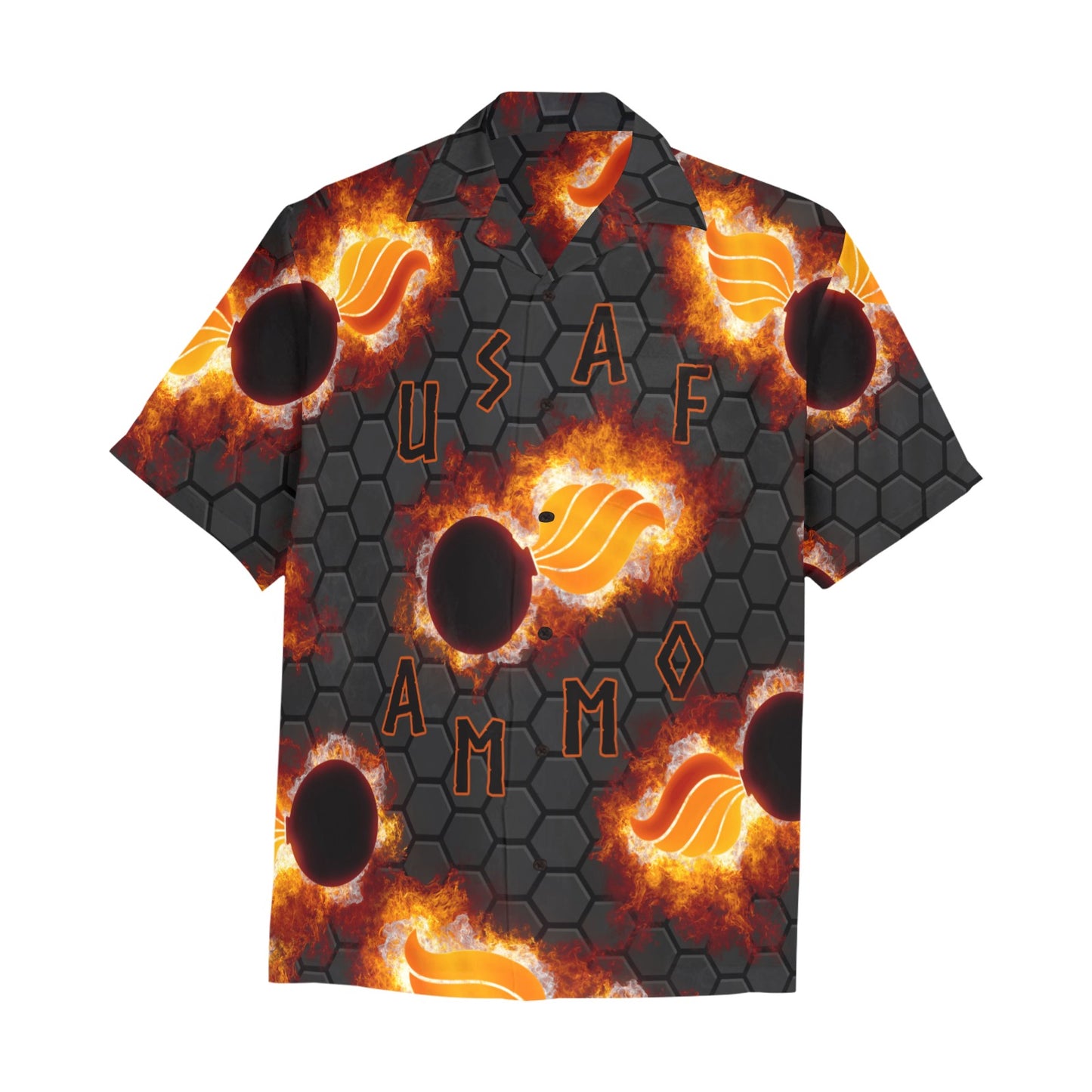 USAF AMMO Flaming Pisspots Hexagon Chrome Background Mens Hawaiian Shirt Front Left Pocket