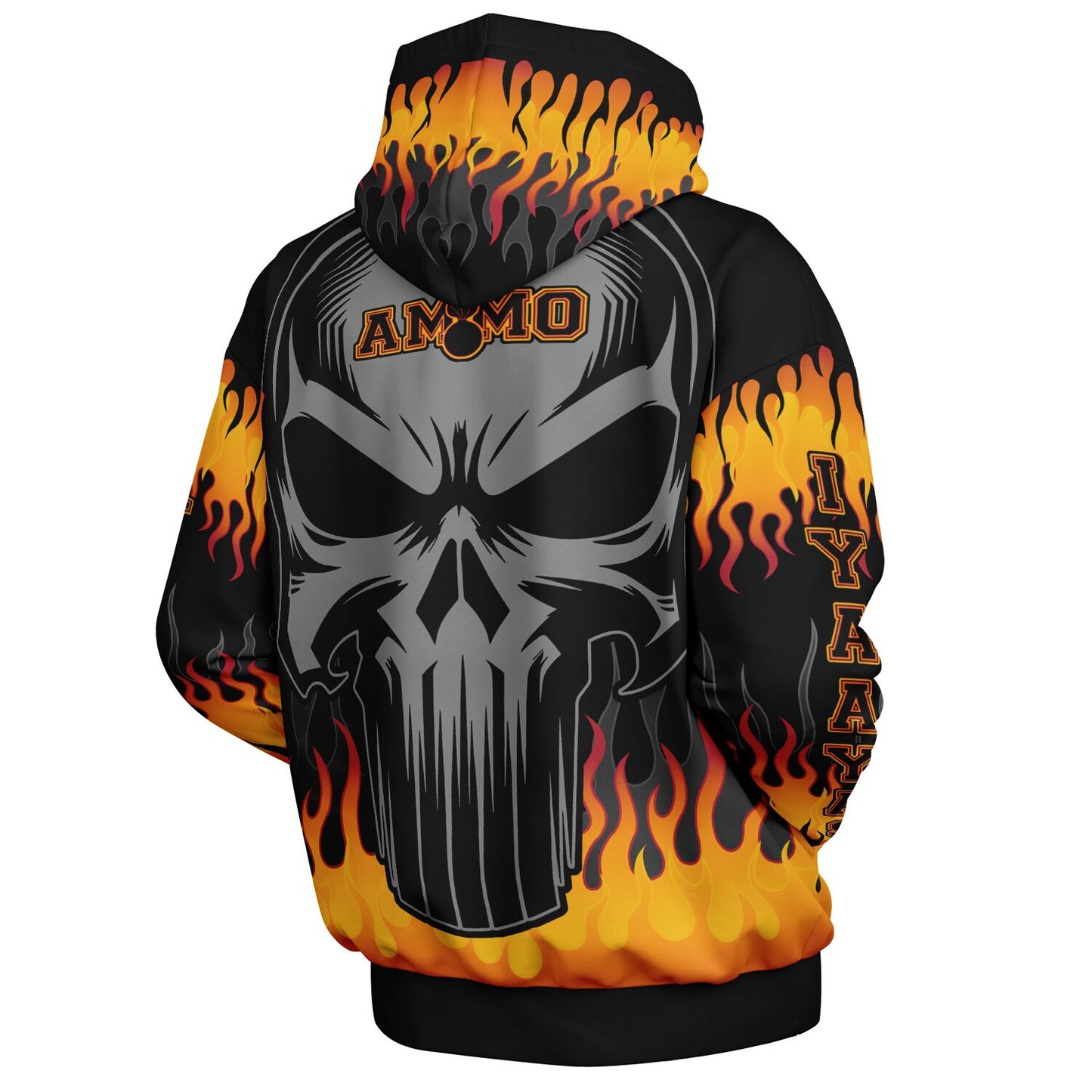 AMMO Skull Orange Fire Flames IYAAYAS Heavyweight Oversized Cold Weather Pullover Hoodie - All Over Print