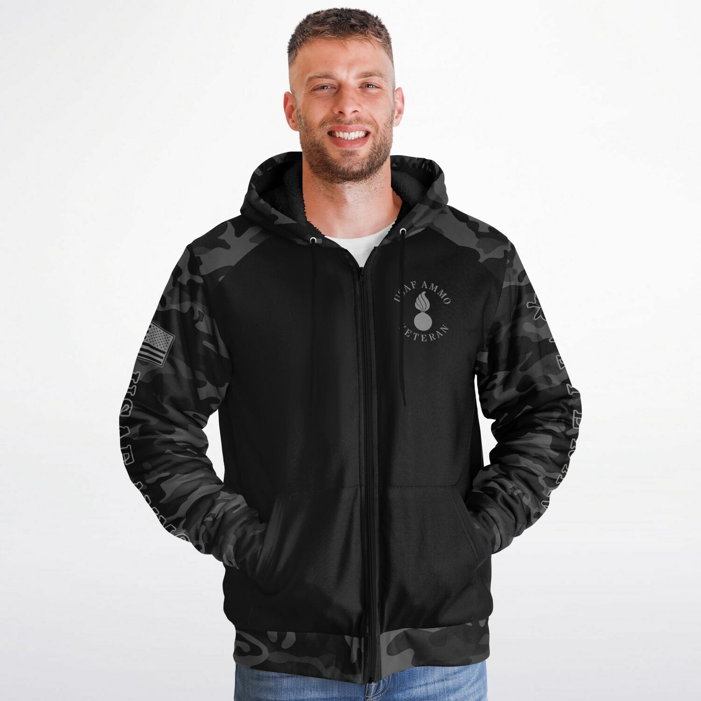 Black and Grey USAF AMMO Veteran DD-214 Microfleece Cold Weather Zip-Up Hoodie - All Over Print