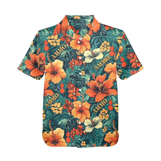 Orange Flowers With Green Leaves Pisspots and Word AMMO Mens Hawaiian Shirt