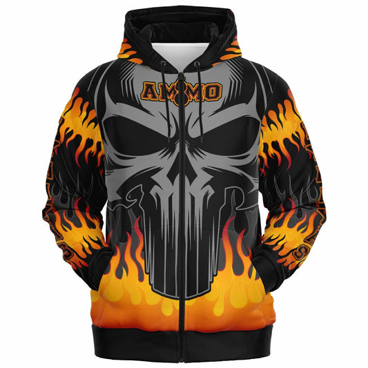 AMMO Skull Orange Fire Flames IYAAYAS Fashion Zip-Up Hoodie - All Over Print