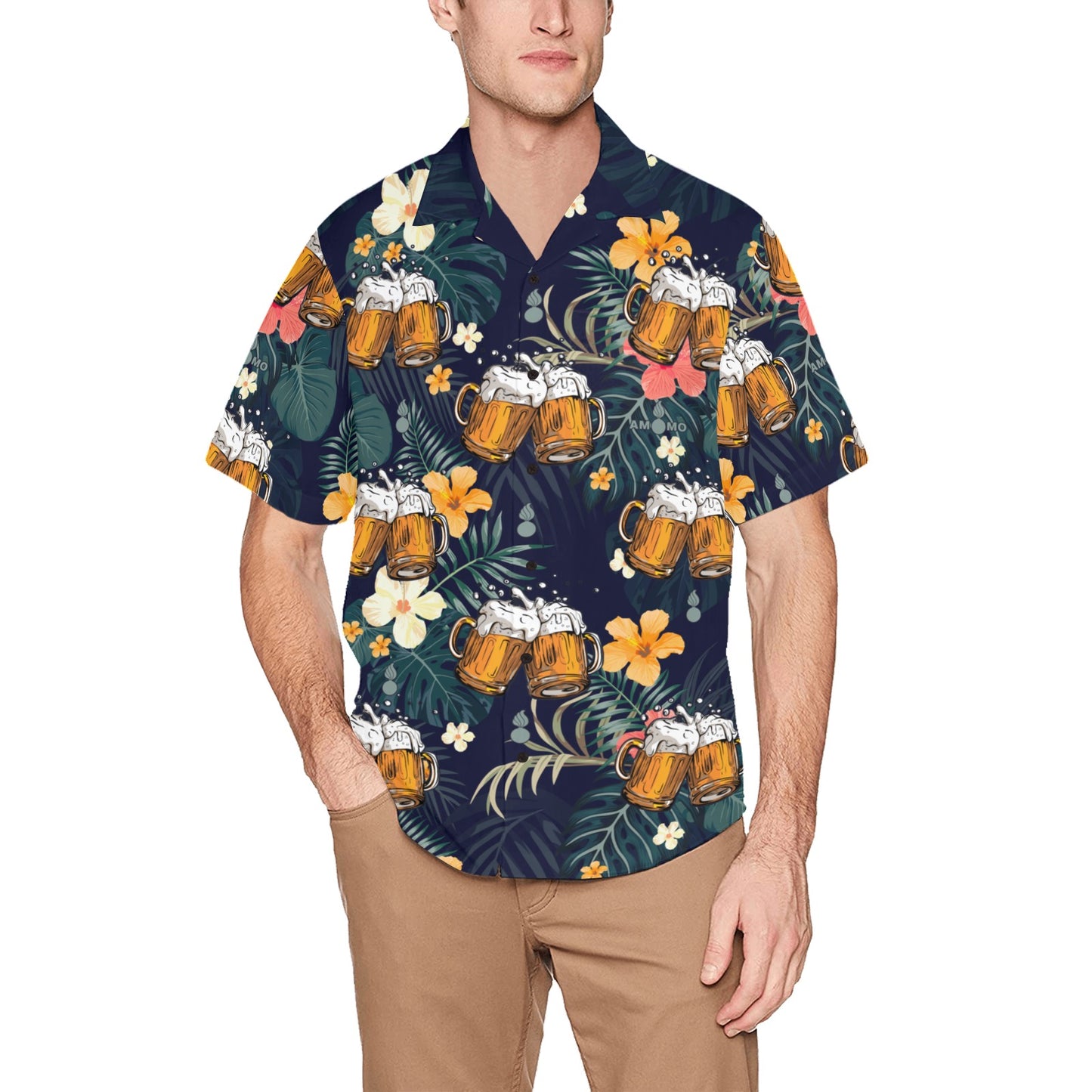 AMMO Beer Mugs Pisspot Tropical Flowers and Leaves Mens Hawaiian Shirt With Front Left Pocket