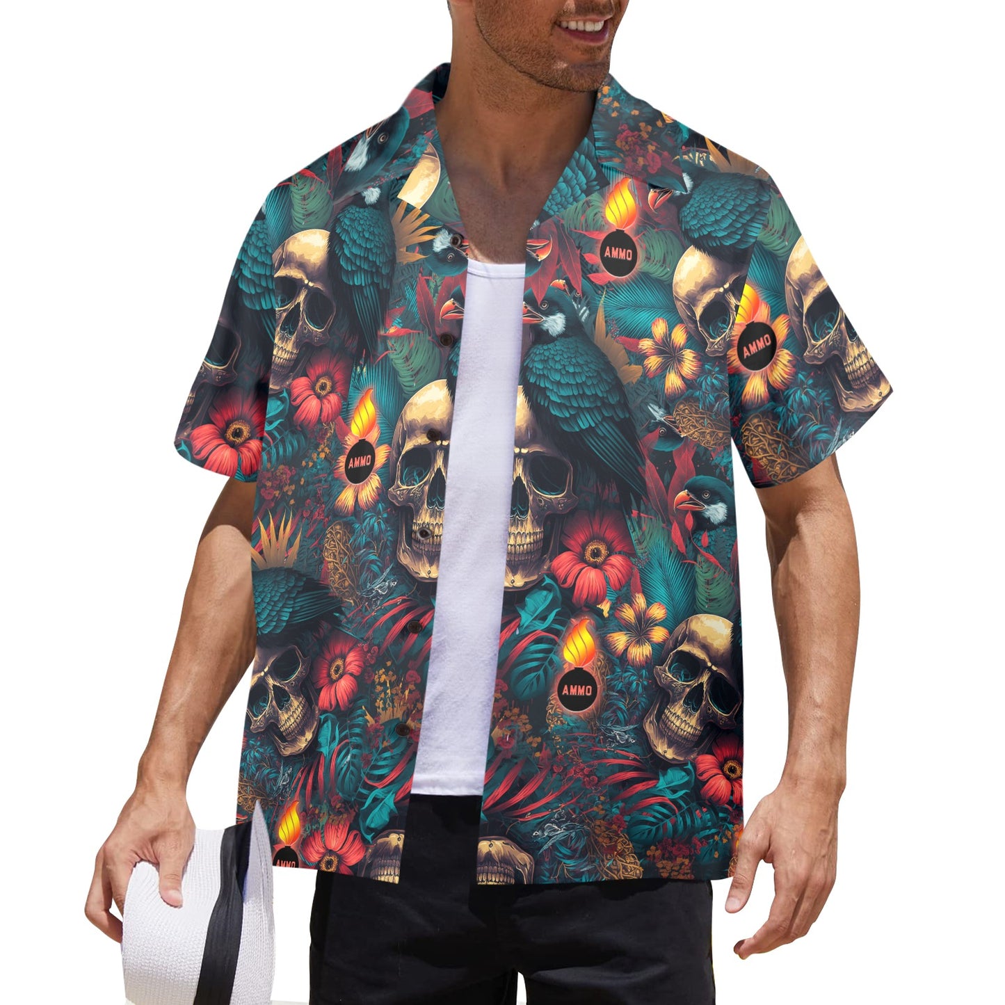 Skulls Birds Flower Leave and Glowing Pisspots Mens Hawaiian Shirt