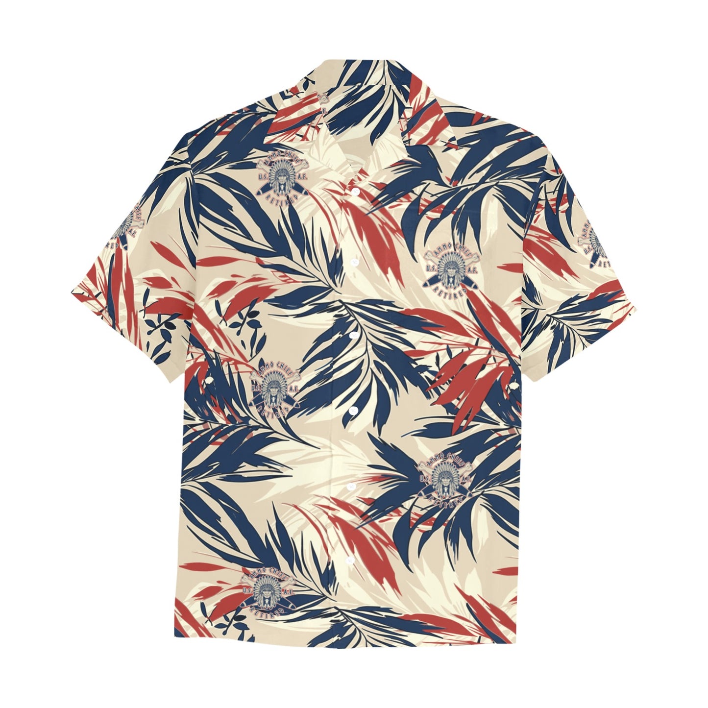 AMMO Chief Retired With Tropical Leaves and Custom Made Retired AMMO Chief Logos Men's Hawaiian Shirt With Left Chest Pocket