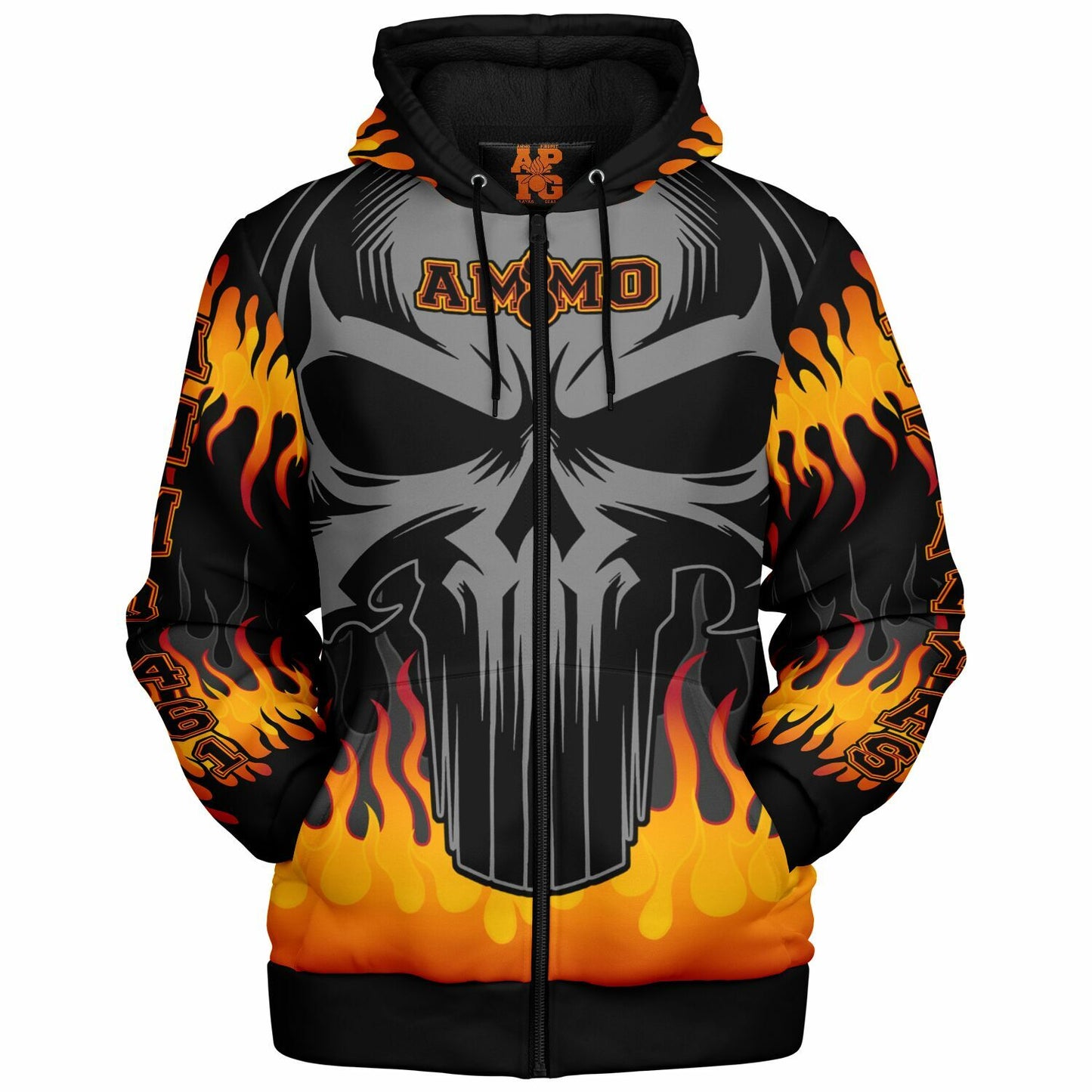 AMMO Skull Orange Flames Microfleece Cold Weather Zip-Up Hoodie - All Over Print