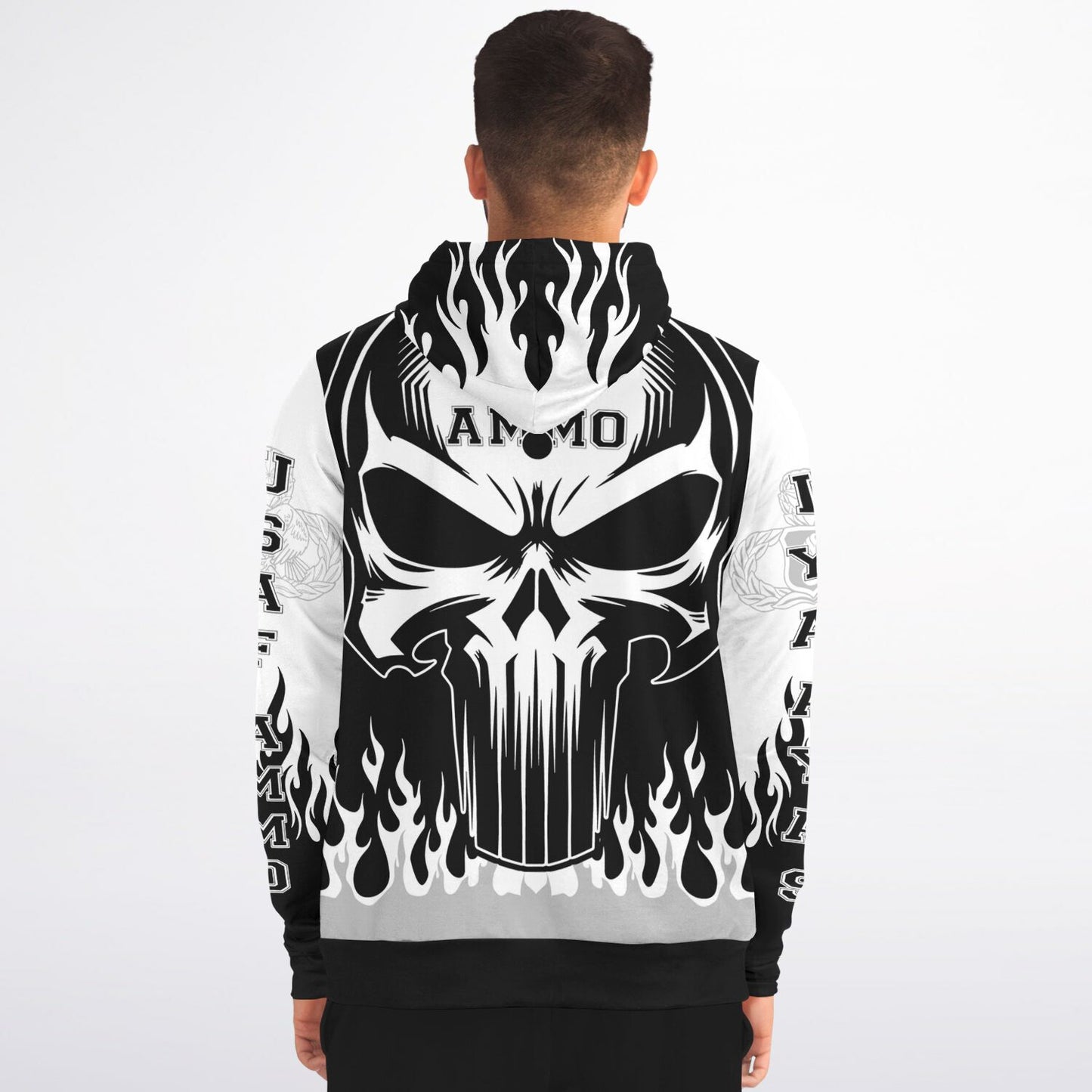 AMMO Skull Flames Black White Grey Fashion Zip-Up Hoodie - All Over Print