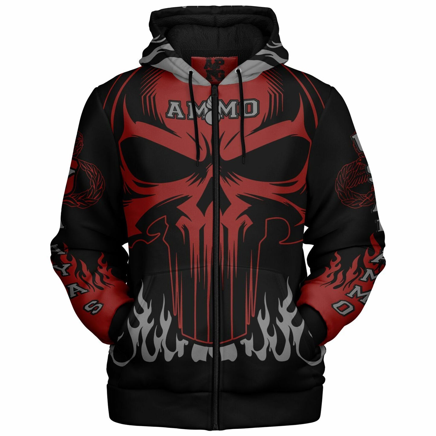 AMMO Skull Flames Black Red Grey Microfleece Cold Weather Zip-Up Hoodie - All Over Print