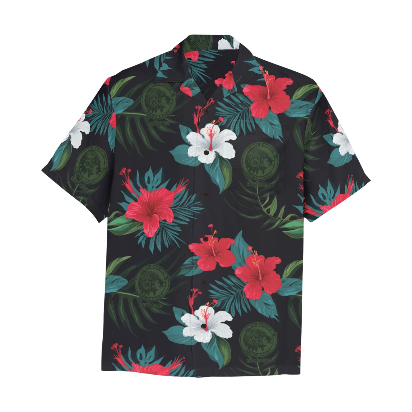 AMMO Chief Retired Black With Tropical Flowers Leaves and Chief Logos Men's Hawaiian Shirt With Left Chest Pocket