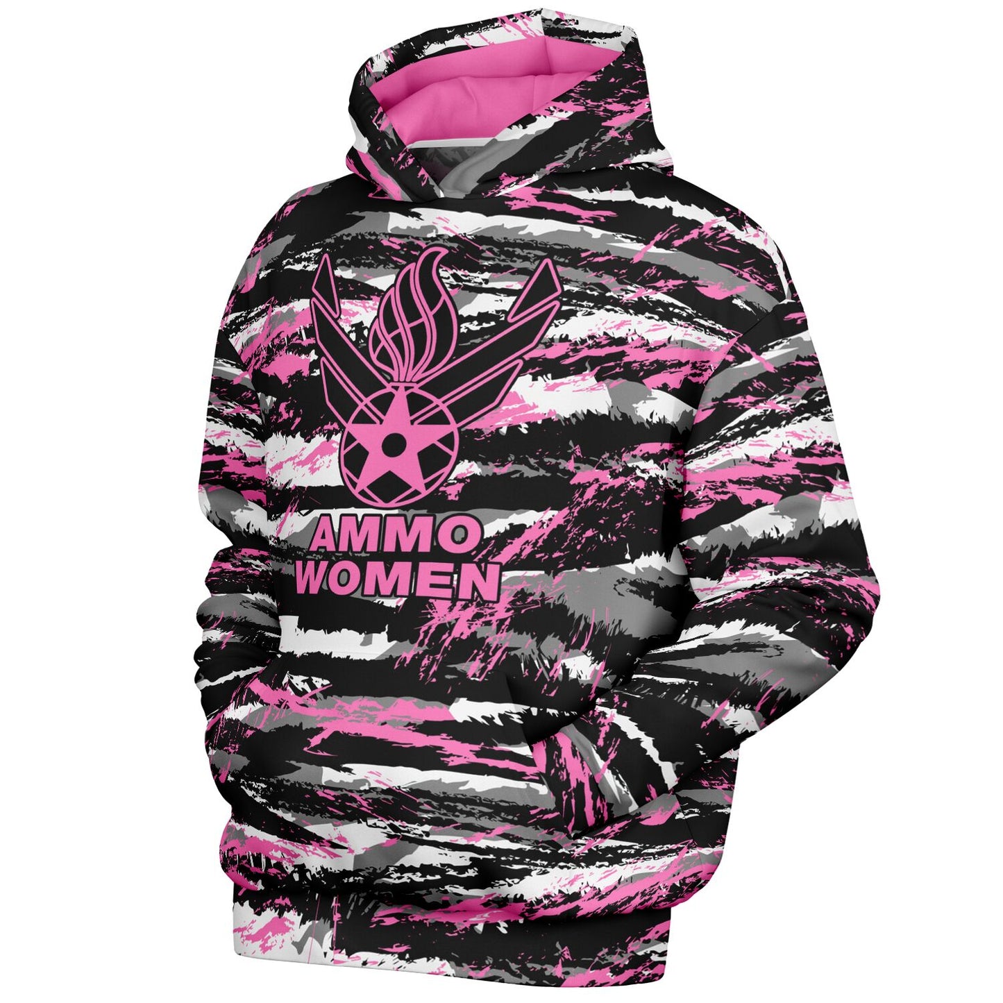 USAF AMMO Women Pink Tiger Stripe Camouflage Heavyweight Oversized Cold Weather Pullover Hoodie - All Over Print