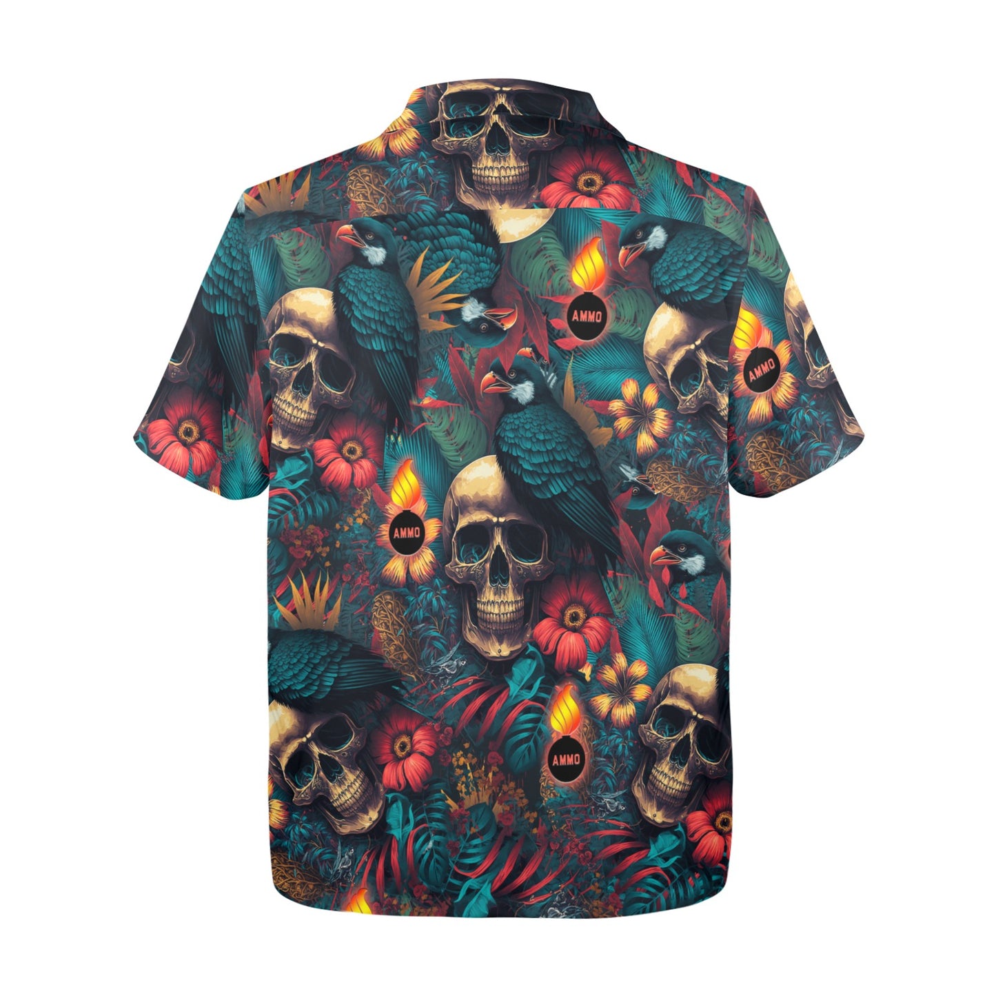 Skulls Birds Flower Leave and Glowing Pisspots Mens Hawaiian Shirt