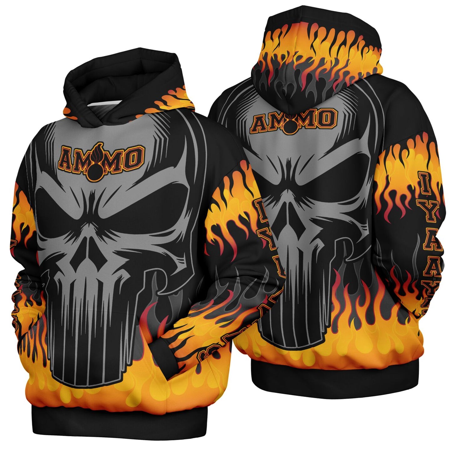 AMMO Skull Orange Fire Flames IYAAYAS Heavyweight Oversized Cold Weather Pullover Hoodie - All Over Print