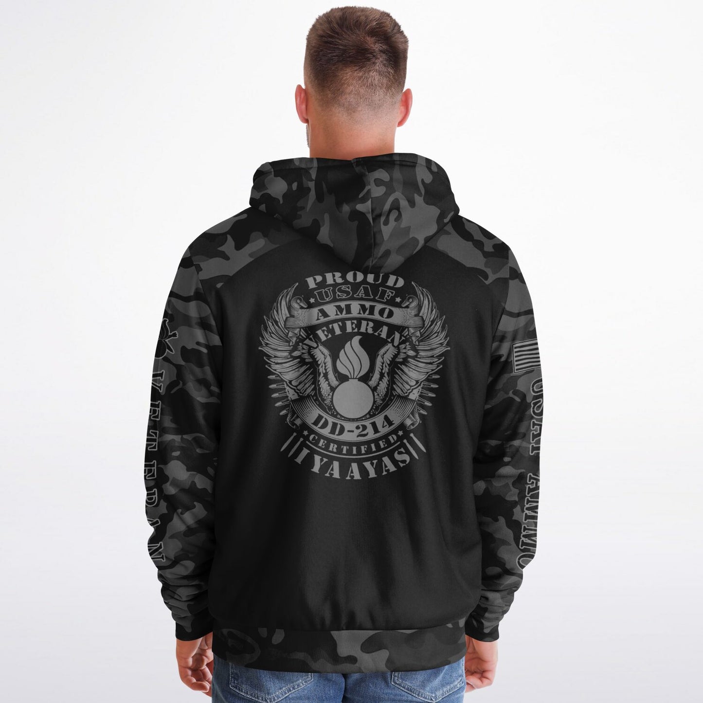 Black and Grey USAF AMMO Veteran DD-214 Microfleece Cold Weather Zip-Up Hoodie - All Over Print