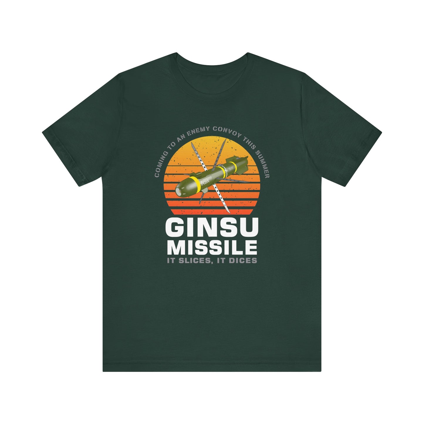 Ginsu Missile It Slices It Dices AGM-114 R9X Hellfire Sunset Unisex Jersey Short Sleeve Tee