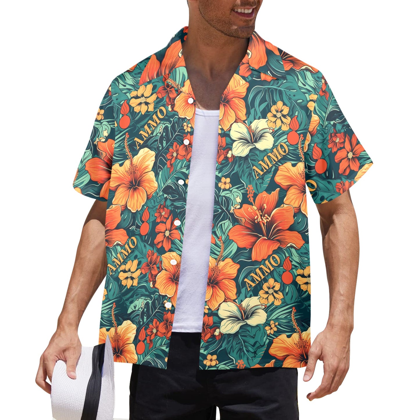 Orange Flowers With Green Leaves Pisspots and Word AMMO Mens Hawaiian Shirt