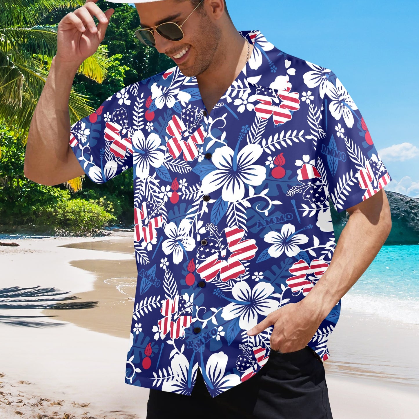 USAF AMMO Patriotic Flowers Leaves Pisspots and Flechettes Mens Hawaiian Shirt