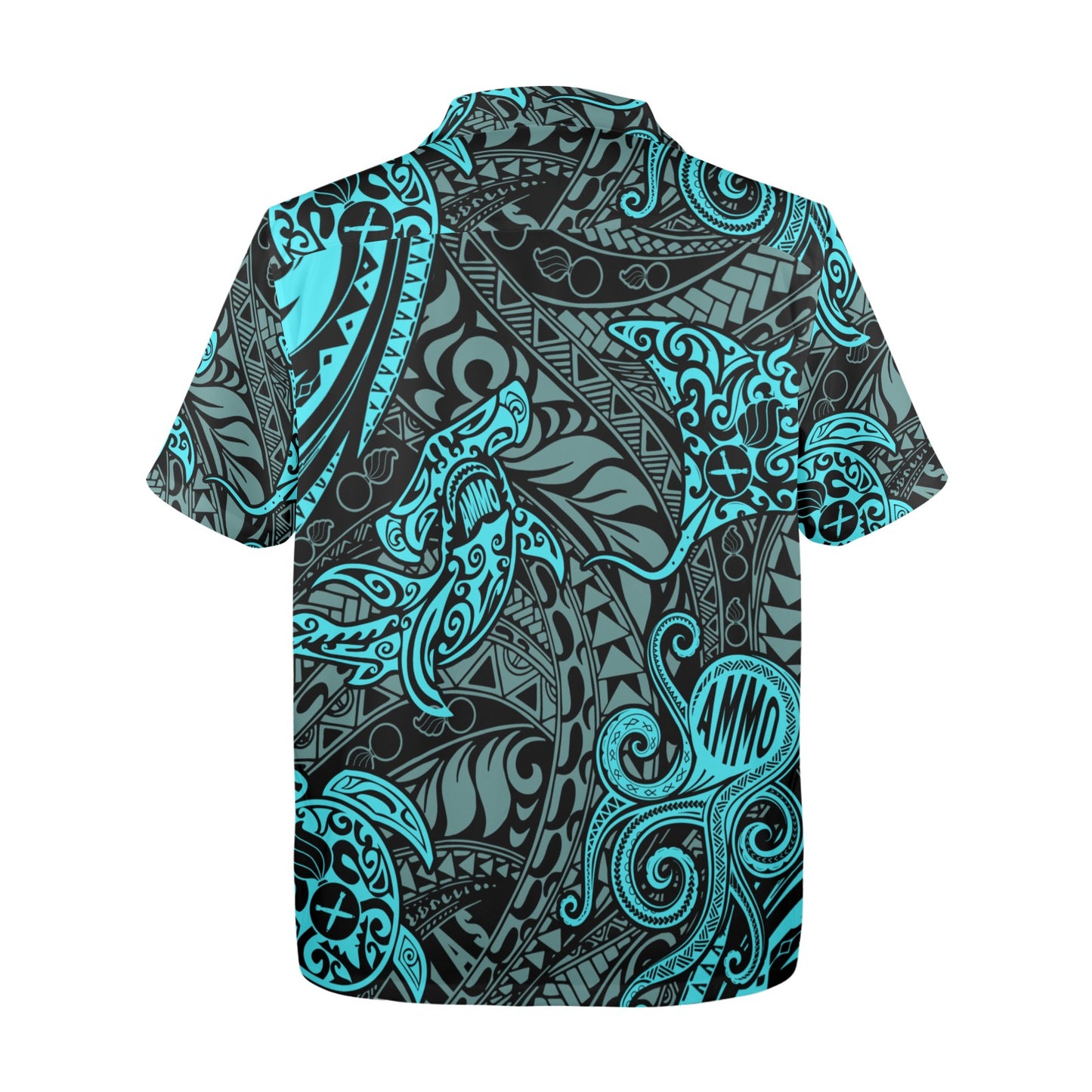 AMMO Black and Teal Tribal Pattern Sea Animals and Creatures Mens Hawaiian Shirt