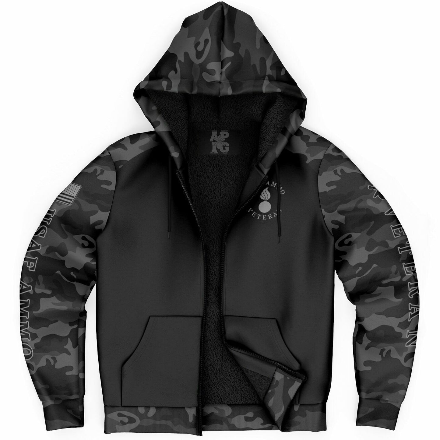 Black and Grey USAF AMMO Veteran DD-214 Microfleece Cold Weather Zip-Up Hoodie - All Over Print