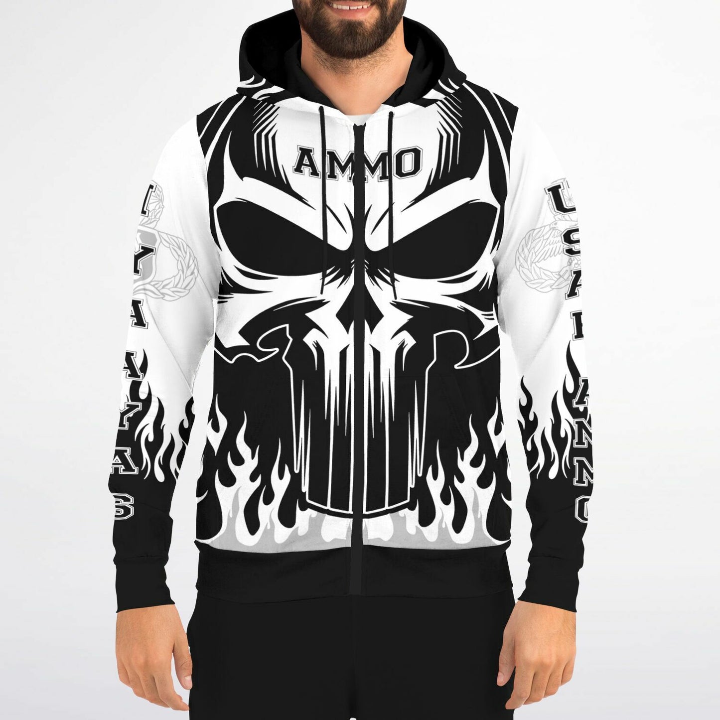 AMMO Skull Flames Black White Grey Fashion Zip-Up Hoodie - All Over Print