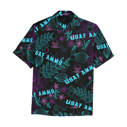 AMMO Black Neon Green Blue and Purple Pattern Mens Left Chest Pocket Hawaiian Shirt