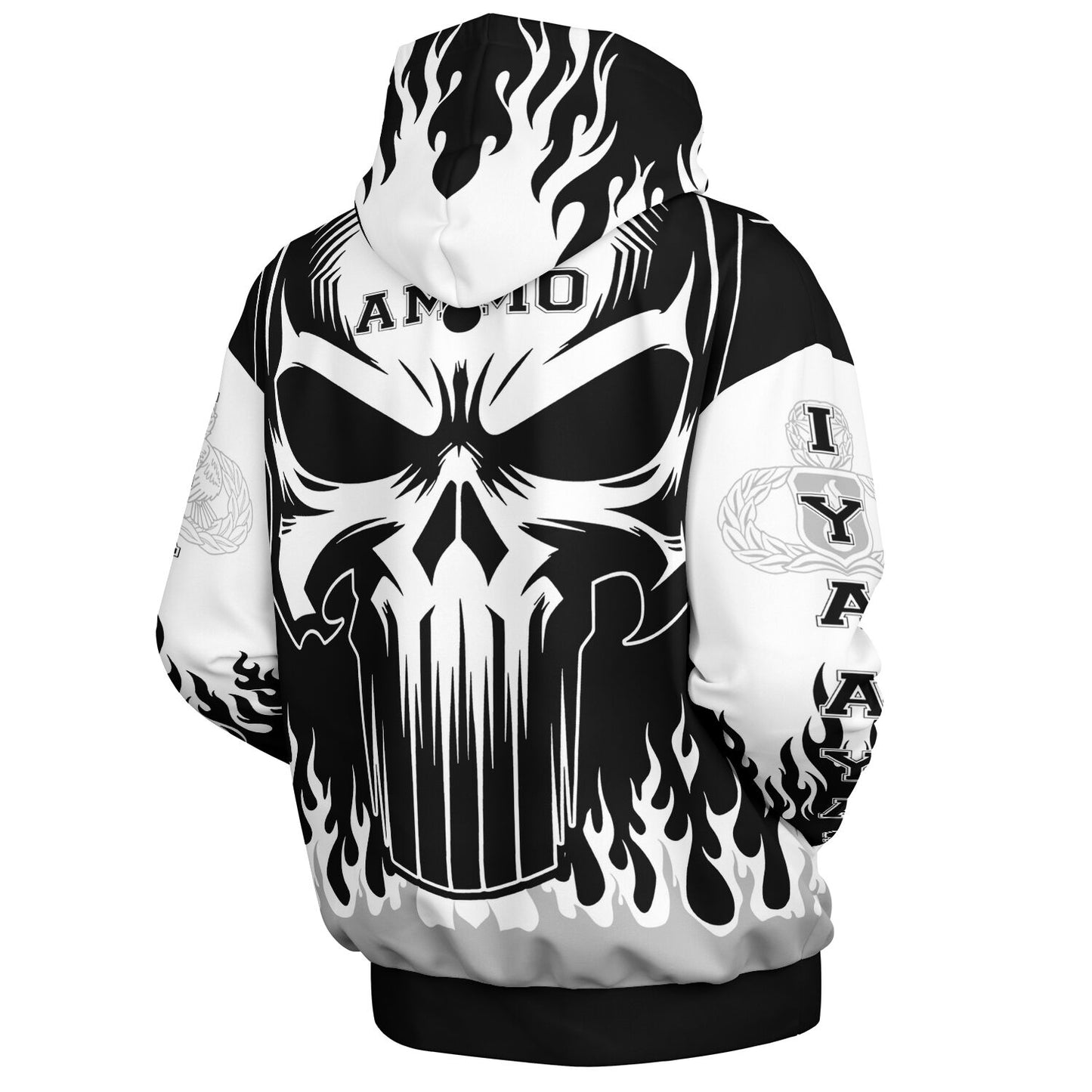 AMMO Skull Flames Black White Grey Heavyweight Oversized Cold Weather Pullover Hoodie - All Over Print