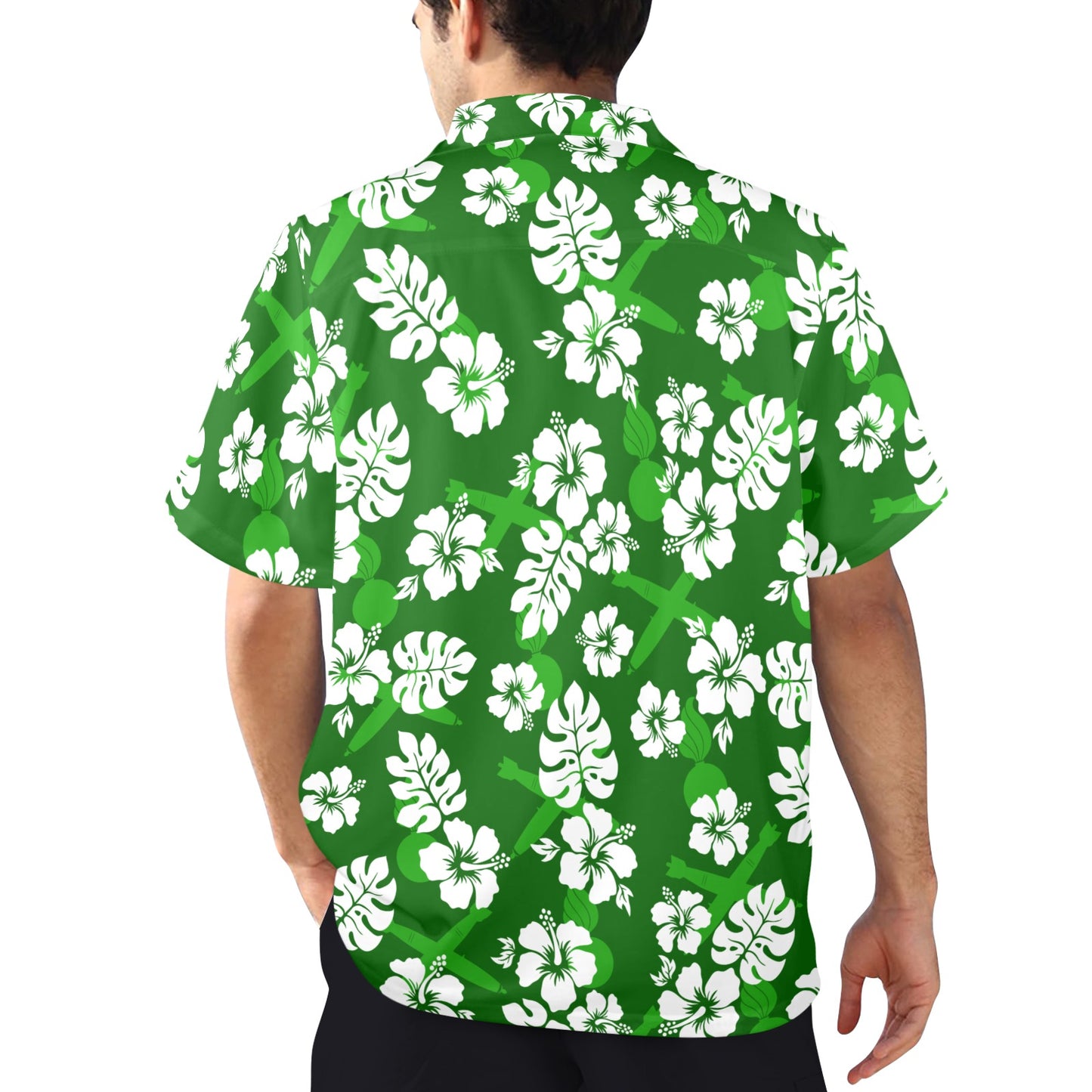 USAF AMMO Green with White Hibiscus Flowers Pisspots and Crossed Bombs Mens Hawaiian Shirt