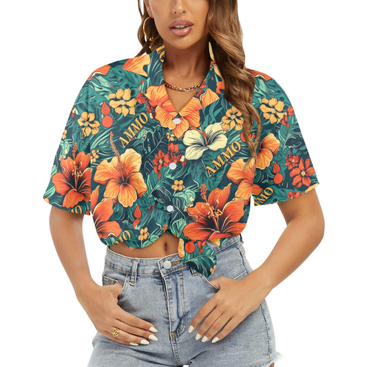 Orange Hibiscus Flowers Green Leaves AMMO Word and Pisspots Womens Hawaiian Shirt