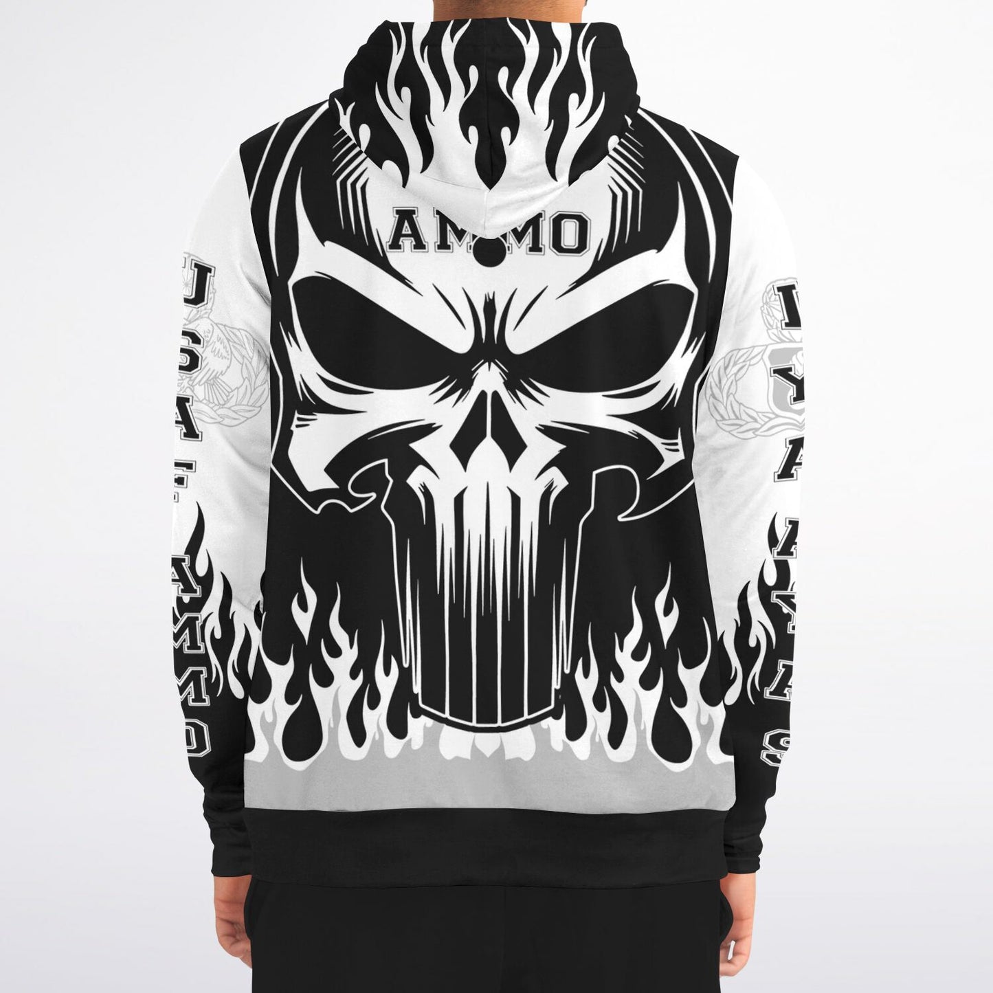 AMMO Skull Flames Black White Grey Fashion Zip-Up Hoodie - All Over Print