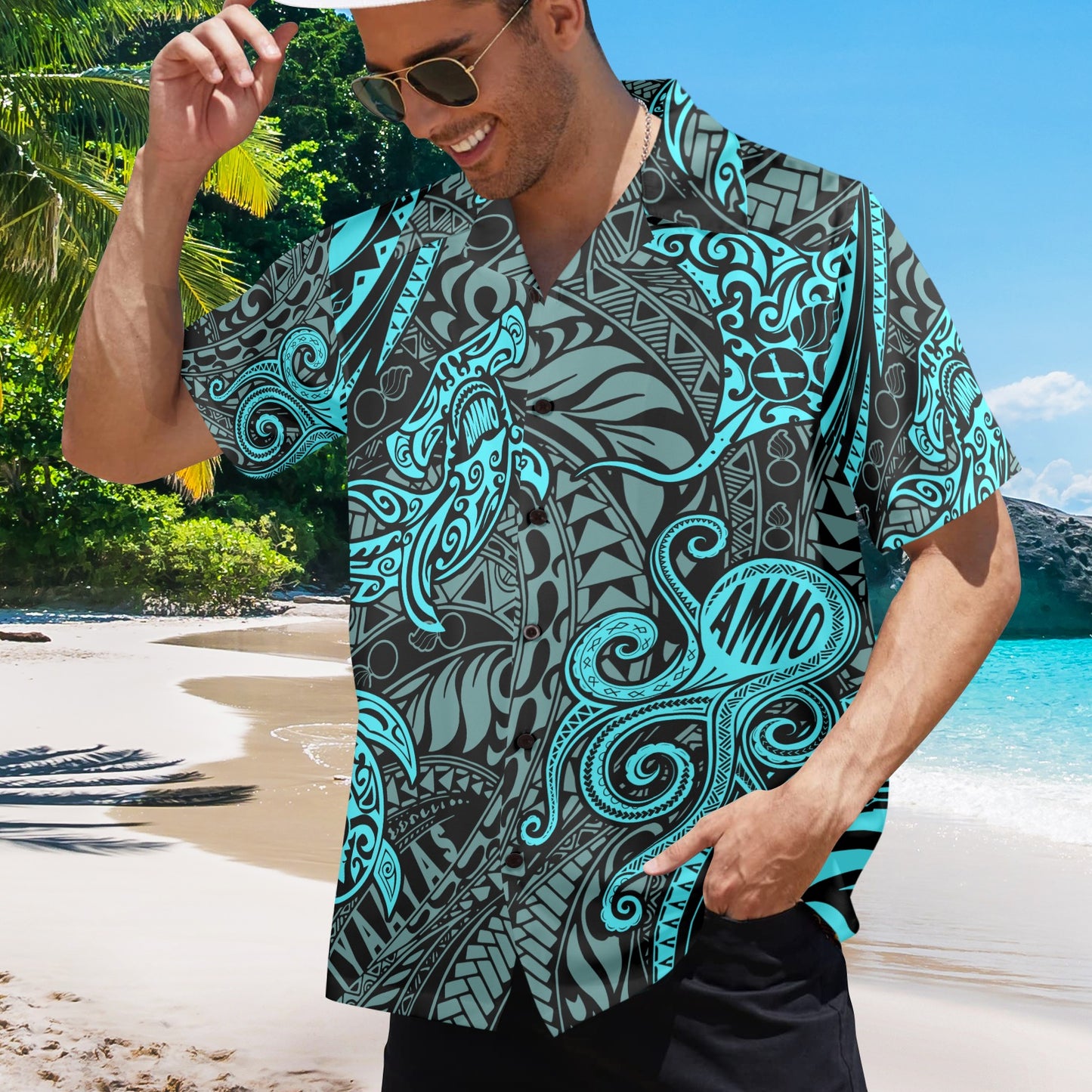 AMMO Black and Teal Tribal Pattern Sea Animals and Creatures Mens Hawaiian Shirt