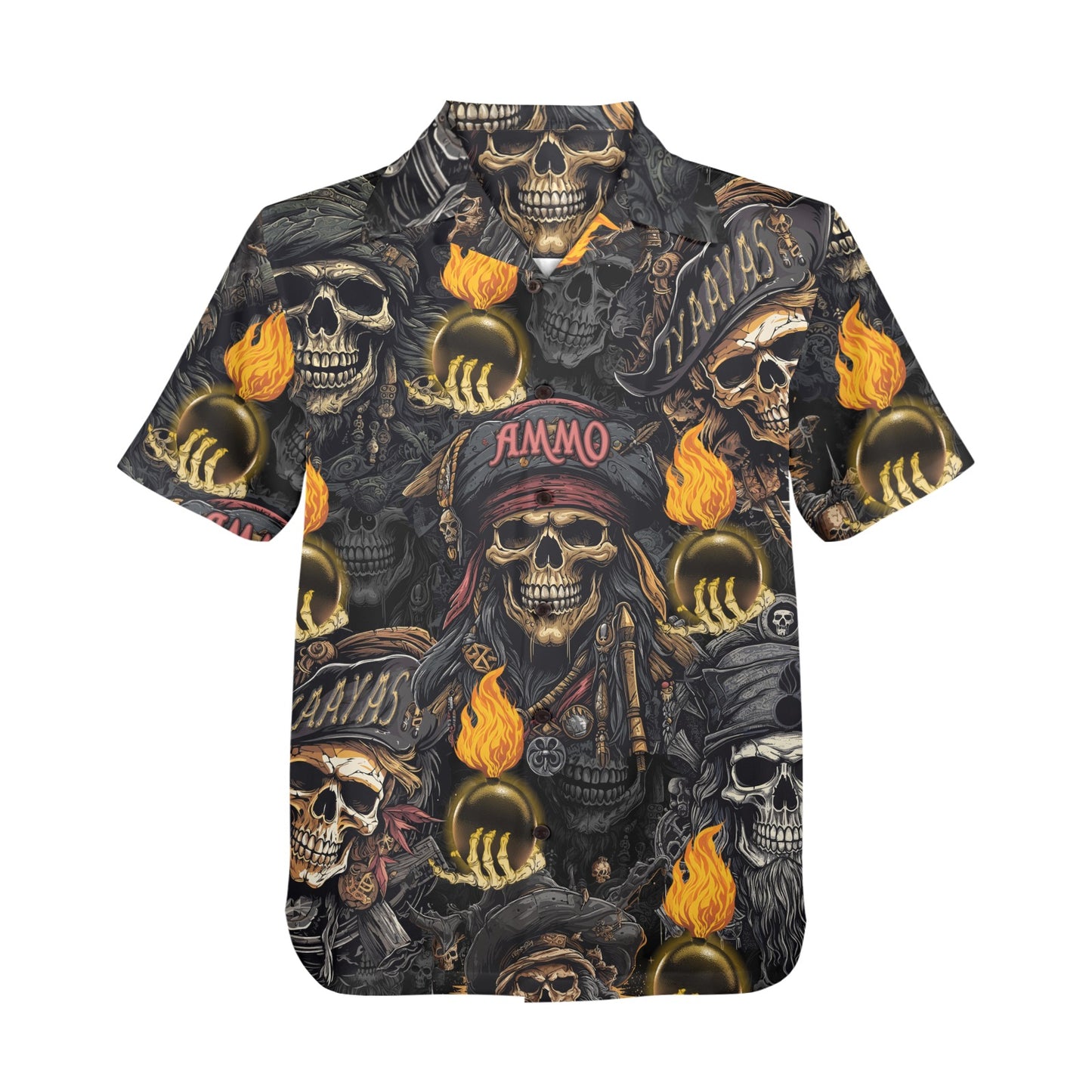 USAF AMMO Pirate Skulls Orange Glowing Pisspots Skeleton Hands IYAAYAS Proud Heritage Mens Hawaiian Shirt