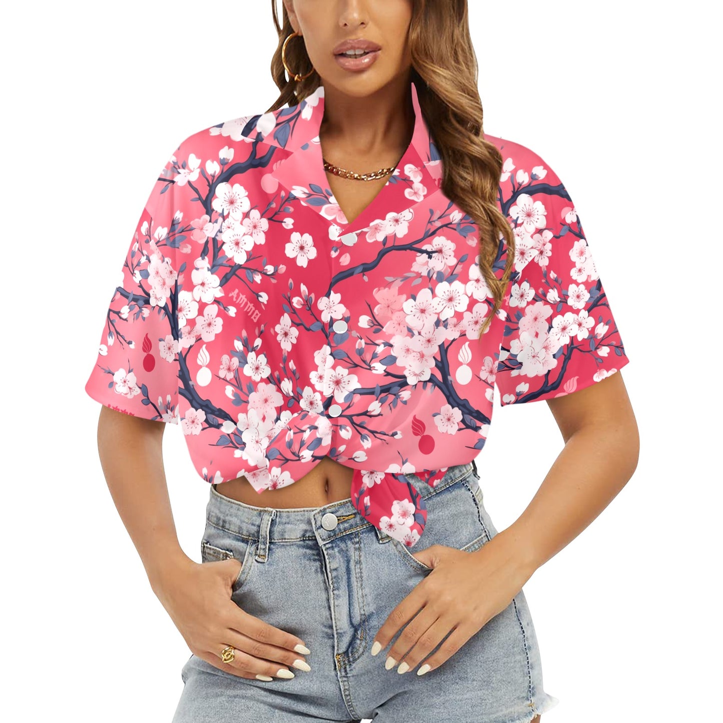 AMMO Pink Sakura Cherry Blossom Pisspots Womens Hawaiian Shirt