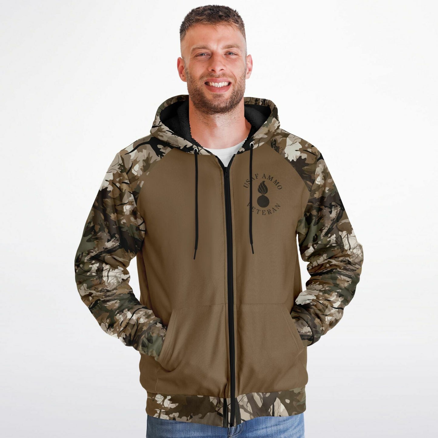 Brown Winter Leaf USAF AMMO Veteran DD-214 Certified Microfleece Cold Weather Zip-Up Hoodie - All Over Print