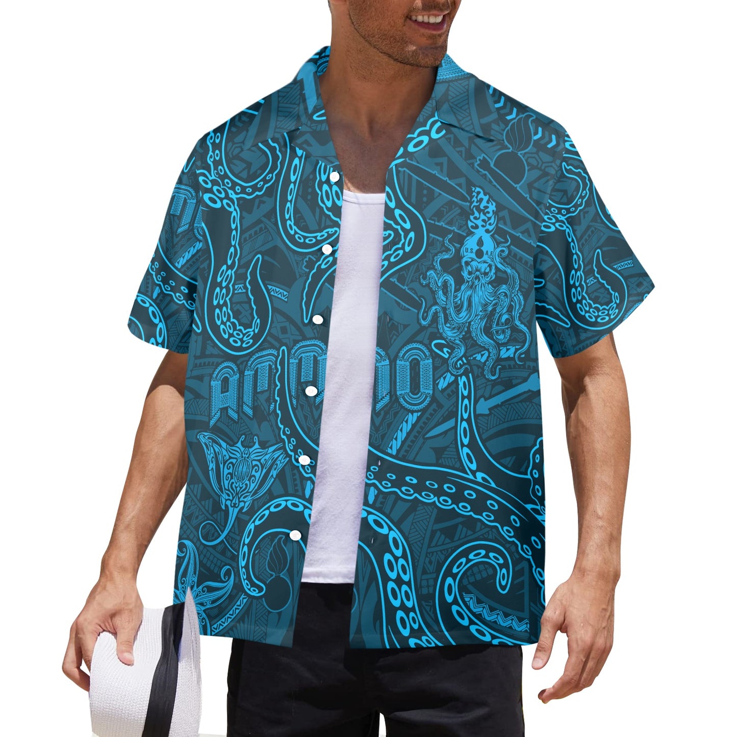 Aqua Blue Sea Life Mens Hawaiian Shirt