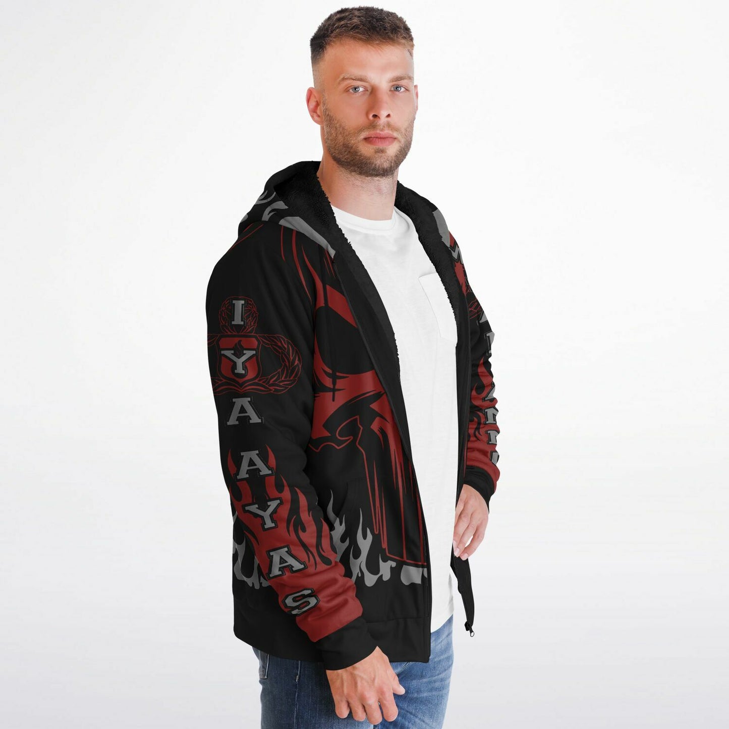 AMMO Skull Flames Black Red Grey Microfleece Cold Weather Zip-Up Hoodie - All Over Print