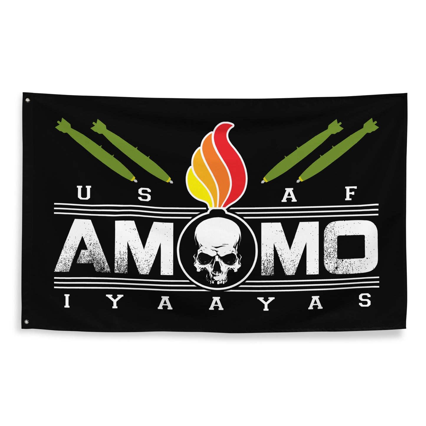 USAF AMMO Skull Inside a Pisspot Bombs Dropping Above One-Sided Wall Flag