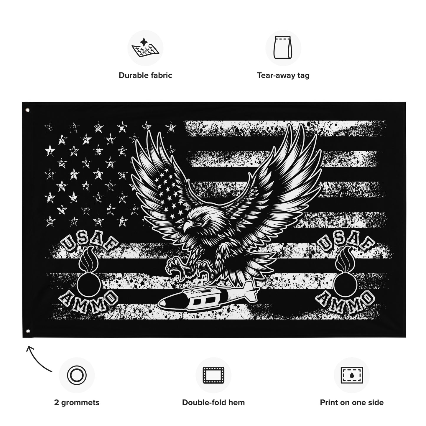 USAF AMMO Eagle Dropping JDAM American Grunge Flag Background Two Pisspot Logos One-Sided Wall Flag
