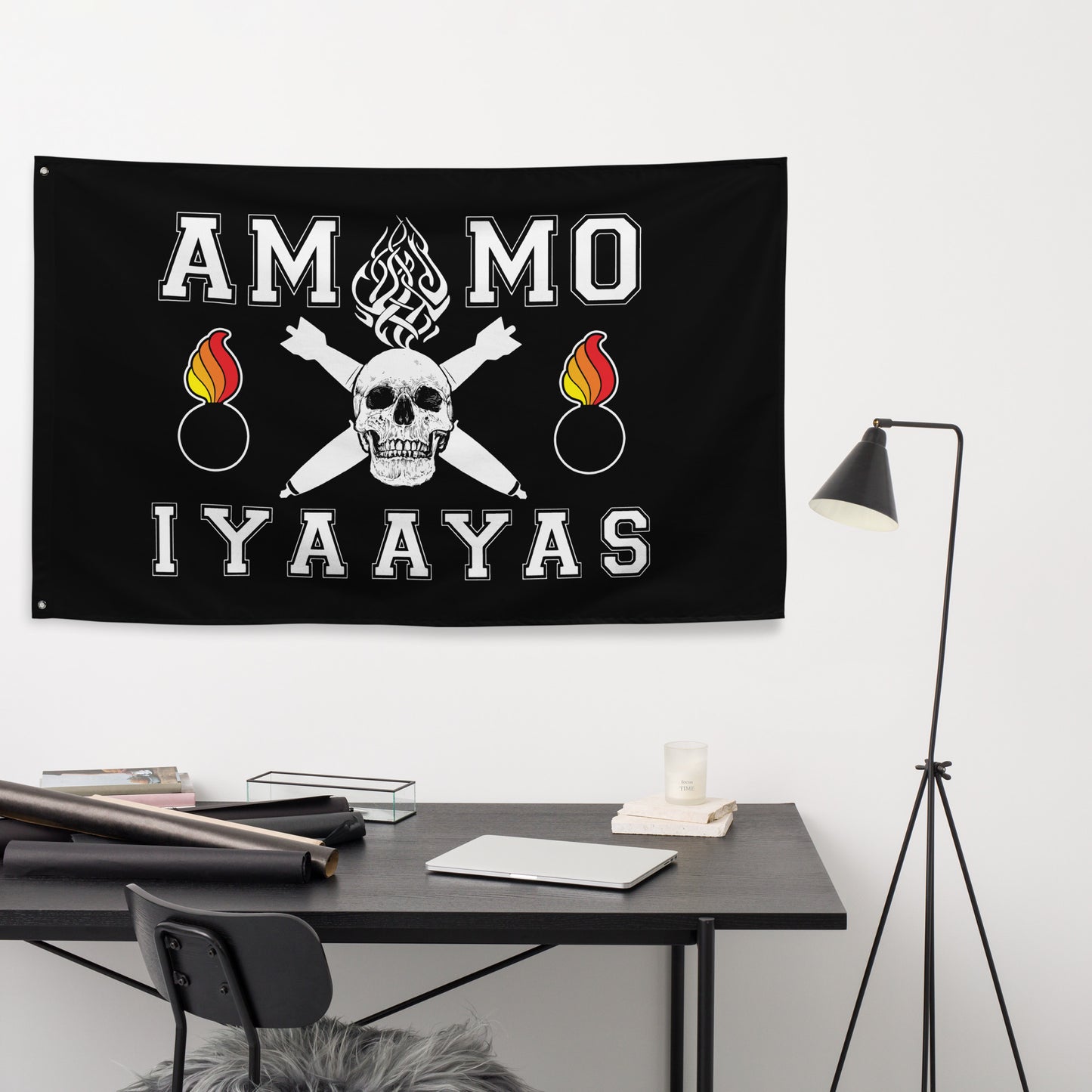 USAF AMMO Skull With Tribal flames As Pisspot Crossed Bombs And Pisspot On Each Side One-Sided Wall Flag