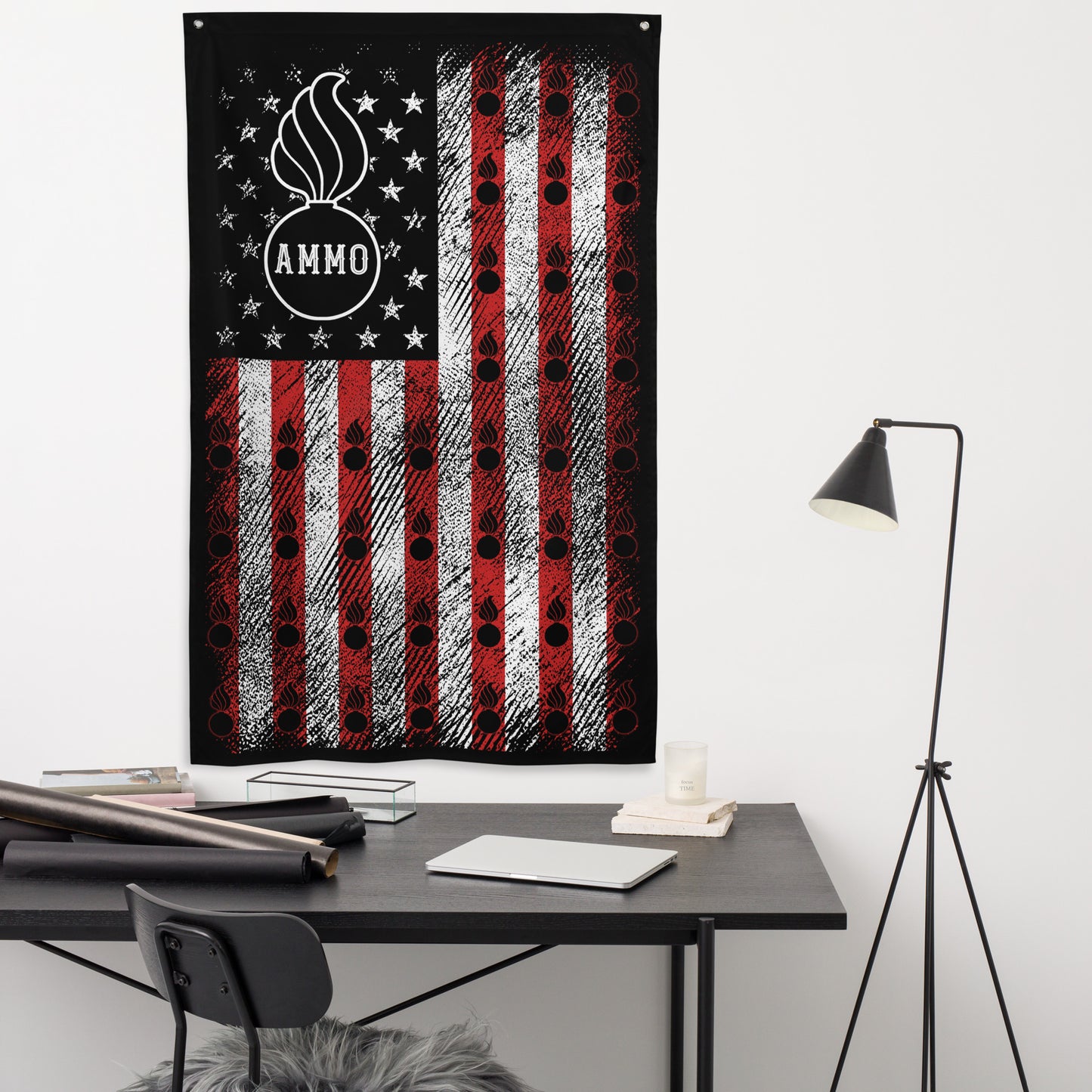 AMMO Black Red And White American Grunge and Pisspots Vertical Hanging One-Sided Wall Flag