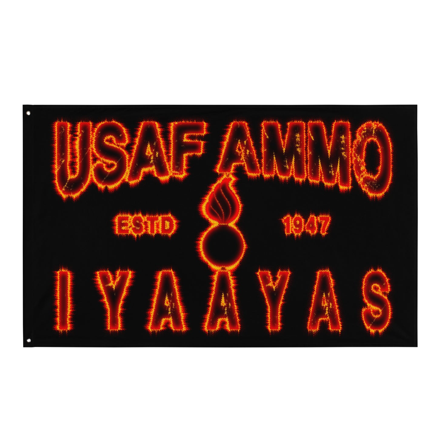 USAF AMMO Basic Pisspot and Text Surrounded By Flames One-Sided Wall Flag