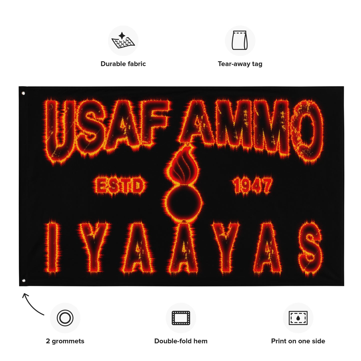 USAF AMMO Basic Pisspot and Text Surrounded By Flames One-Sided Wall Flag