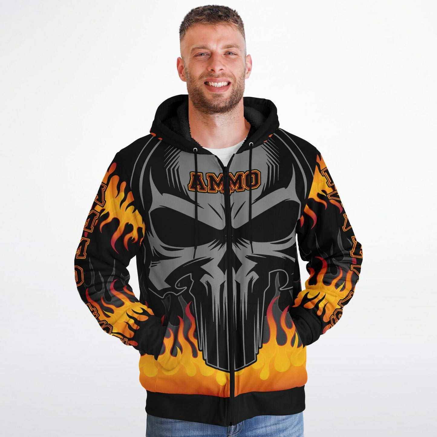 AMMO Skull Orange Flames Microfleece Cold Weather Zip-Up Hoodie - All Over Print