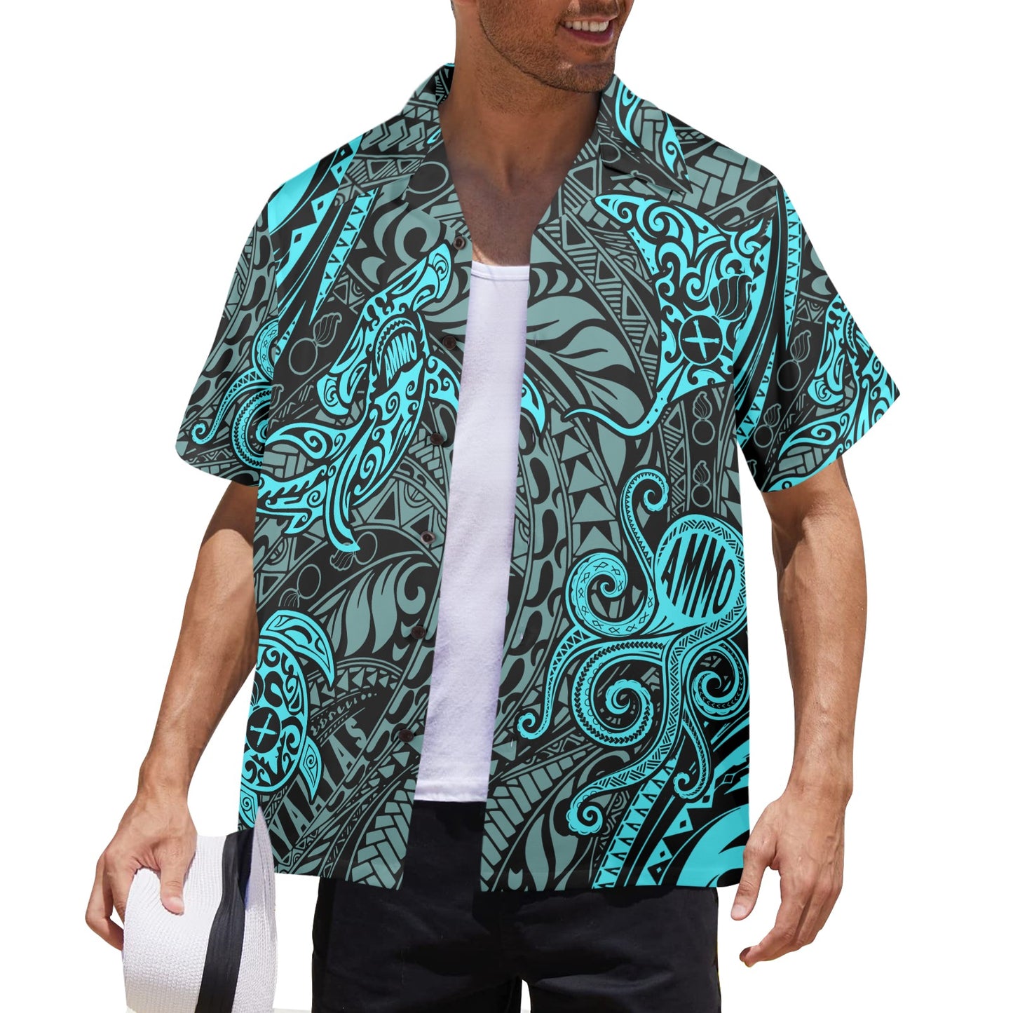 AMMO Black and Teal Tribal Pattern Sea Animals and Creatures Mens Hawaiian Shirt