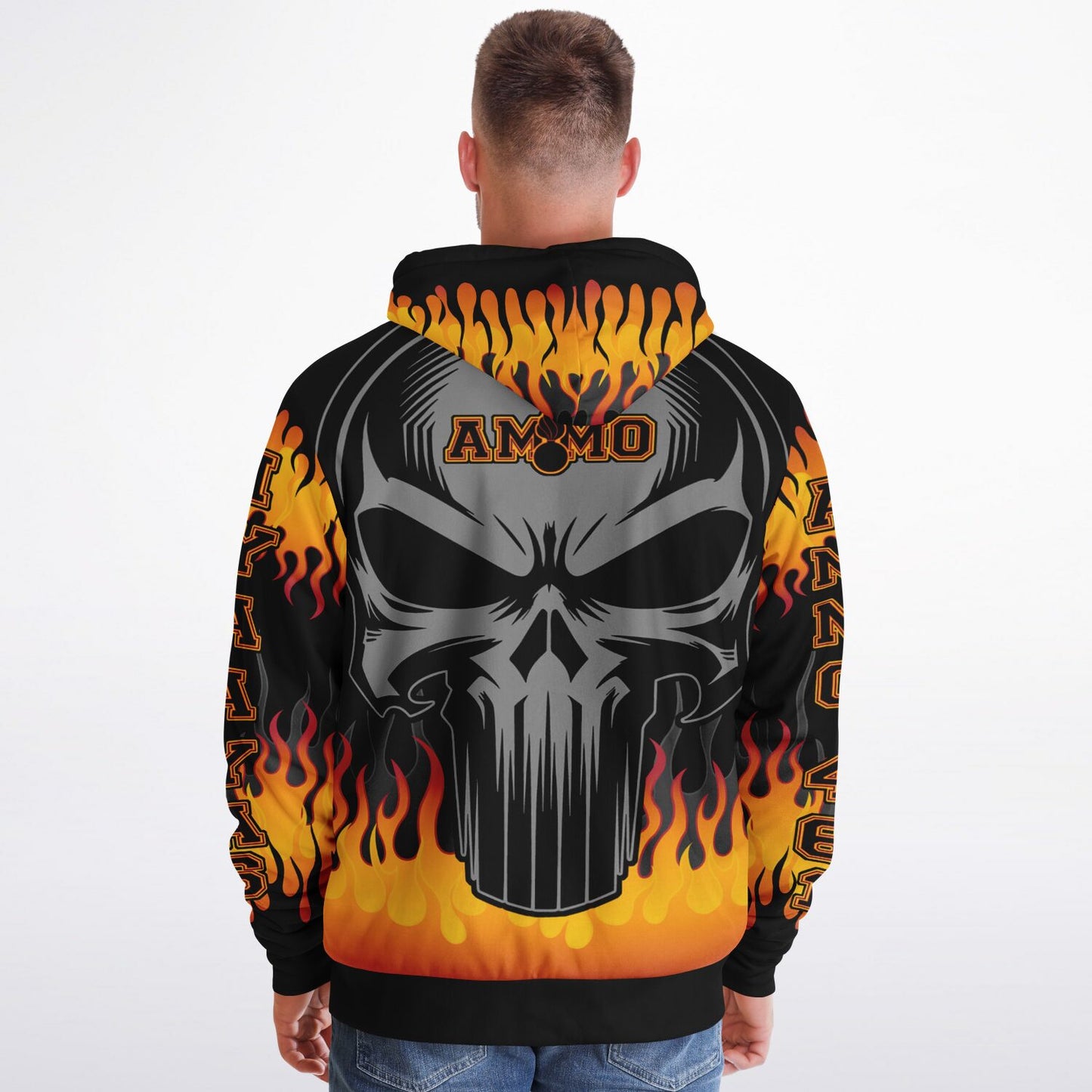 AMMO Skull Orange Flames Microfleece Cold Weather Zip-Up Hoodie - All Over Print