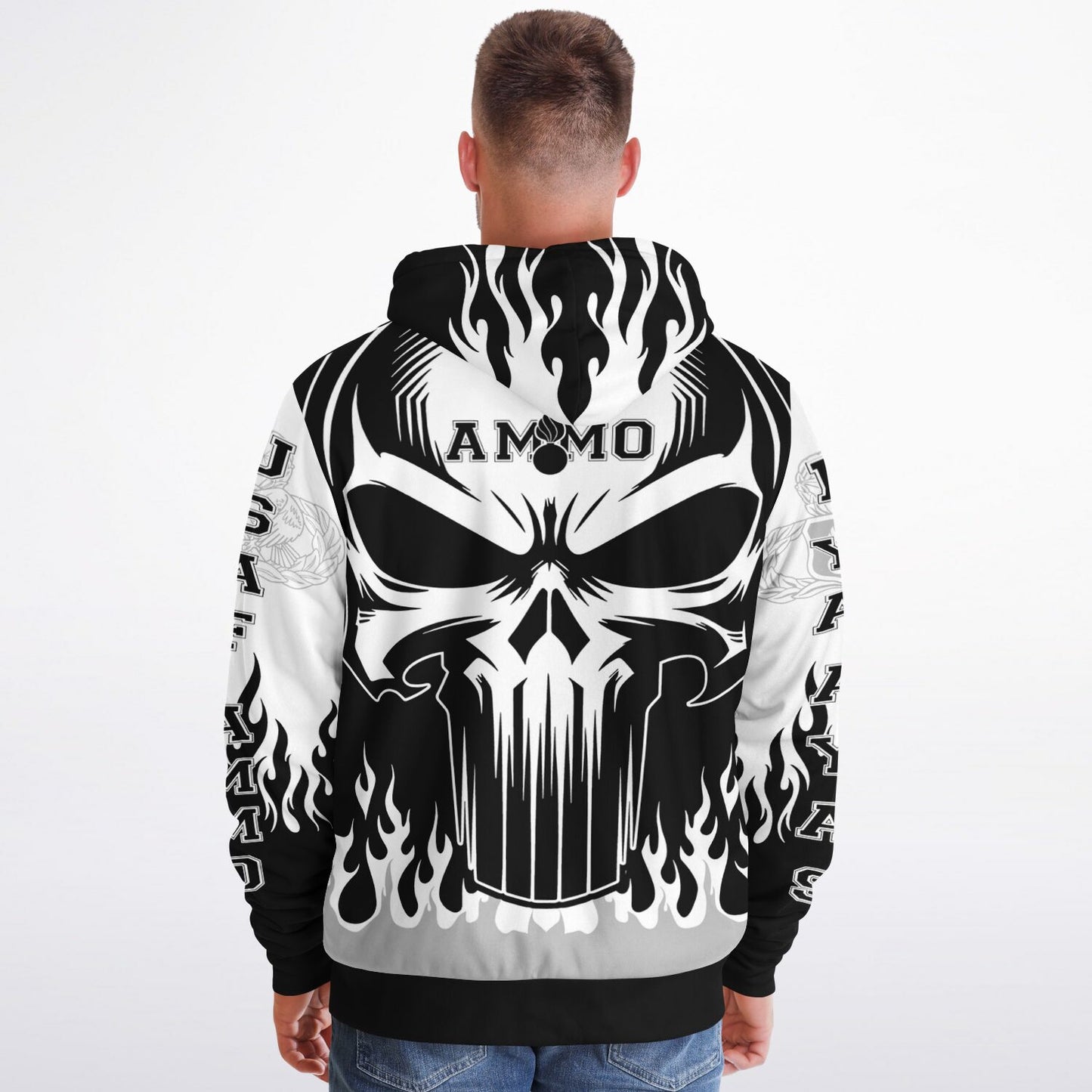 AMMO Skull Flames Black White Grey Microfleece Cold Weather Zip-Up Hoodie - All Over Print